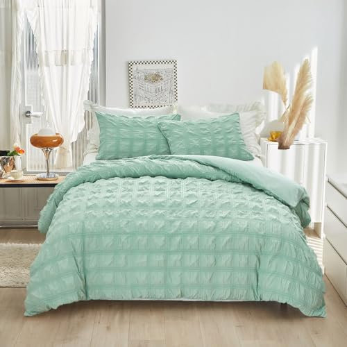 YASMENG Seersucker Bettwäsche 220x240 Grün Modern Kariert Bettwäsche Sommer Weich Flauschig Atmungsaktiv Bettbezug Set Mikrofaser Bettwäsche 3 Teilig mit Reißverschluss und 2 Kissenbezüge 80x80 cm