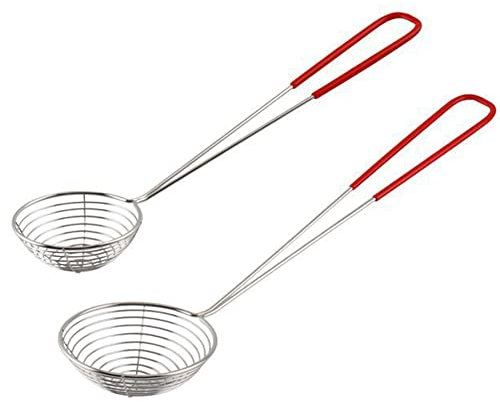 2 x Edelstahl-Sieblöffel, Boba-Löffel, Schaufel, Hot Pot, Sieblöffel, Schöpflöffel, Draht, Kochen, Schaumlöffel mit Griff für Hot Pot, Fleischbällchen, Küche, Backen, Ölfilter, 2 Größen