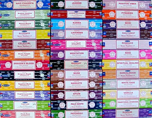 Satya Premium Mix Sortierte Räucherstäbchen, 12er-Pack | für Meditation, Aromatherapie, Heilung, Yoga, Positivität und Entspannung | 180 Stäbchen (12 Packungen X 15 Stäbchen)