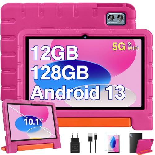 2025 Neueste Kinder Tablet 10 Zoll Android 14 Tablet, 20 GB RAM+128GB ROM(TF 1TB), 5G WIFI 6, Octa-Core, Widevine L1, Kindersicherung, 6000mAh, BT 5.0, GMS Certified Kids Tablet mit Eva Case - Rosa