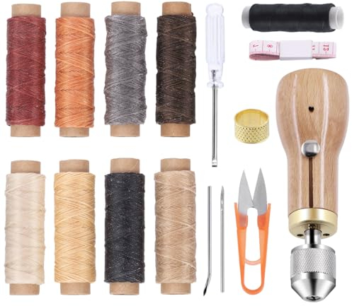 Glarks 15Pcs Sewing Awl Kit Portable Leather Stitching Repair Stitch Tool Including Handheld Sewing Awl 8 Colors Waxed Threads with Straight and Bent Needles and Small Screwdriver for DIY Craft
