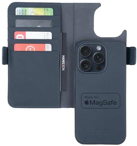 HANS/SON Echt-Leder-Handyhülle für iPhone 15 Pro – Schmale 2 in 1 Klapphülle mit Kreditkartenetui, Magsafe kompatibel, perfekte Passform, stoßfest, 6,12 Zoll – Navy Blau