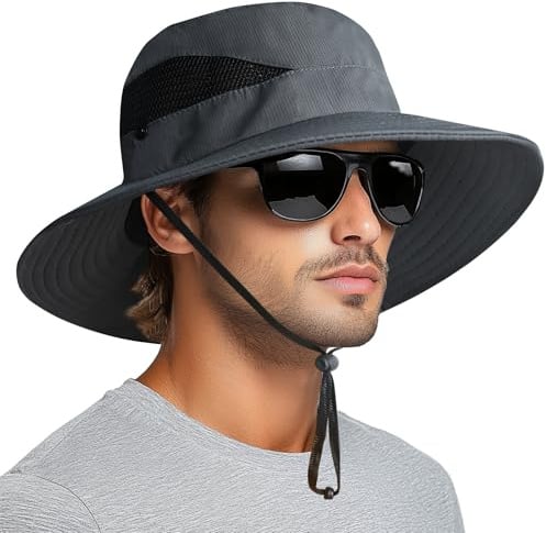 PFFY Sun Hats for Men Women Wide Brim Bucket Hat Darkgrey (with Mesh)