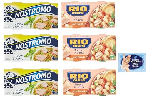 6er-Pack Testpaket Rio Mare Thunfisch und Bohnen + Nostromo Thunfisch und Erbsen Fertiggericht, 2x150g + 1er-Pack Kostenlos Felce Azzurra Talkumpuder, 100g-Beutel