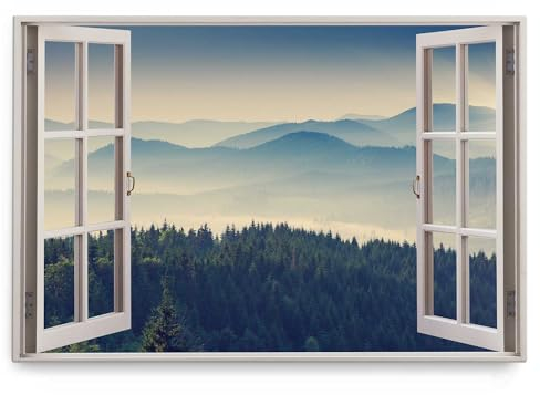 Paul Sinus Wandbild 120x80cm Fensterbild Berge Tannen Wald Tannenwald Grün Natur Nebel