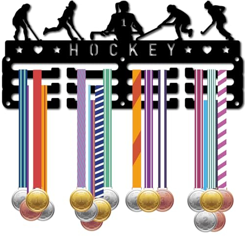 CREATCABIN Hockey-Medaillenhalter,Medaillenaufhänger,Sport-Rack-Haken Aufhängen Auszeichnungen,Kleiner Wandmontagerahmen-Medaillenaufhänger Aufhängen Über 40 Medaille-Organizer,Schwarz,29x13cm,Schwarz