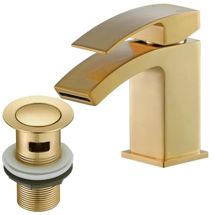 BATHWEST 322X Robinets d'évier de salle de bain en forme de cascade avec bonde de vidage pop-up, robinets de salle de bain monobloc en laiton avec bouchon d'évier (doré, moyen)