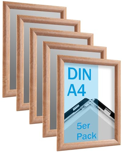 SPRINTIS Klapprahmen A4 aus Aluminium, Rahmen in heller Holzoptik, 5 Stück Plakatrahmen mit 2,5 cm Rahmenbreite, inkl. UV-Schutzfolie & Befestigungsmaterial