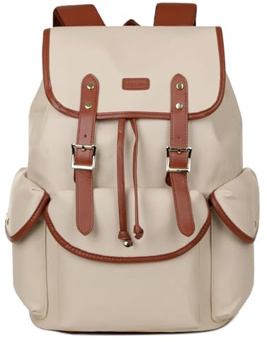 Baosha Faux Leder Damen Laptop Rucksack für 15.6 Zoll Laptoptasche Schulrucksack Business Arbeit Schule College Rucksack Satchel Reise Rucksack mit Drawstring CN-01 (Beige)