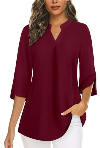 Flikity Blouses for Women UK Plus Size Women's Blouses & Shirts Business Attire Work Office Clothes V Neck Ladies Tops Formal Wear Spring Fall Loose Tunics Tops Shirts Wine Red XX-Large
