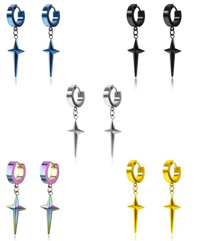 HinDaLi 5 Paar Edelstahl Kreuz Ohrringe für Herren Damen Männer Mädchen Schwarz Gold Silber Ohrringe Creolen mit Kreuz Anhänger Herren Silber Creolen Titan Piercing Ohrhänger Schmuck