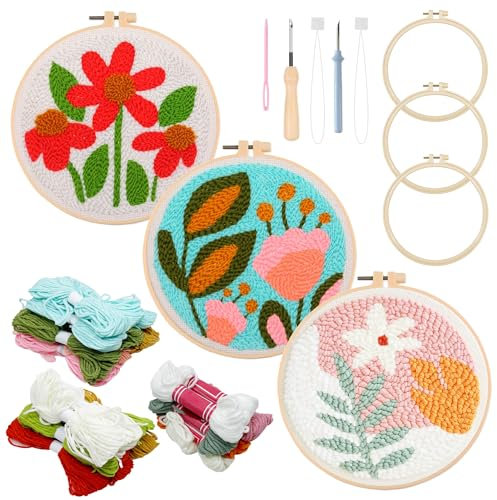 Allazone 3 Stück Punch Needle Anfänger Stickerei Set, Punch Needle Embroidery Starter Kit mit Blumenmuster, DIY Stanznadel Kit mit Stickrahmen, Punch Needle Stoff, Fäden, Einfädelhilfe
