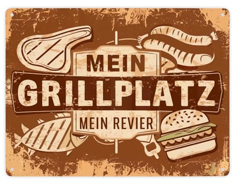Grillplatz Vintage Metallschild XXL in 28x38 cm - Mein Revier Schild für das Grill-Revier perfekt für Steak Wurst und Fisch Fans