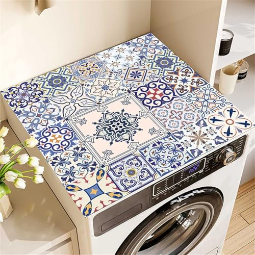 Highdi Washer and Dryer Top Protector, Mandala Washer and Dryer Top Mat Absorbent Quick Dry Silicone Mat, Anti Slip Dust Proof Washing Machine Mat for Laundry Room Home (Blue,40x50cm)
