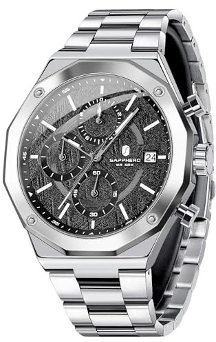 SAPPHERO Uhren Herren Chronograph Quarz Armbanduhr Herren 50M Wasserdichtigkeit Herrenuhr Silber Edelstahl Mit Datum Elegantes Geschenk für Männer