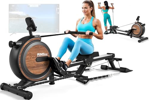 ORISYN Rudergerät für Zuhause mit Magnetischem Widerstand, Rudergeräte mit Bluetooth Boardcomputer, Verstellbarer Tablethalterung, 160KG Gewichtsbelastung (Schwarz-Holz mit Stretch)