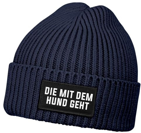 MoonWorks® Damen Beanie mit Patch Strickmütze mit Spruch Die mit dem Hund geht Aufdruck Lustig Damenmütze Navy Unisize