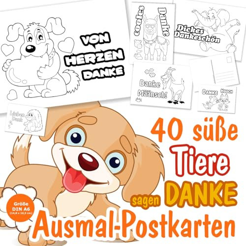 Unser-Festtag 40 Ausmal-Postkarten zum Danke sagen, bedanken. Hund Katze Elefant und viel mehr. Größe Din A6