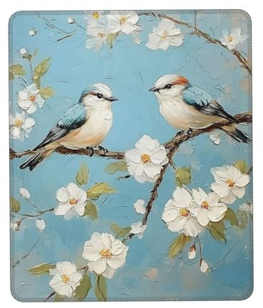 DFJMASFKOL Gaming-Schreibtischunterlage mit Vogel- und Blumenmotiv, weißes Blumen-Mauspad, blauer Vogel, Schreibtischunterlage für Mädchen, Damen, Laptop, Computer, Tastatur und Mauspad, 21 x 26 cm