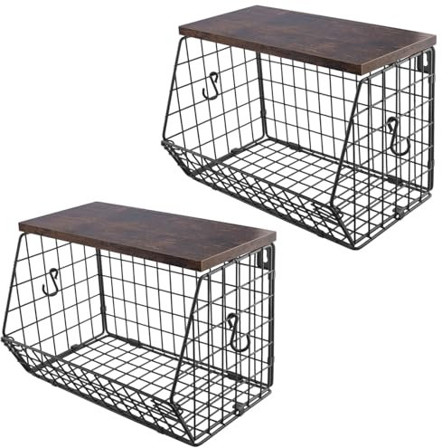 CHUENKUK 2 Stück Obstkorb Hängend, 30 x 15,5 x 21,6 cm Obstschale Hängend Metall, Schwarz Stapelbar Obstkorb Etagere Obst Aufbewahrung Wand für Küche