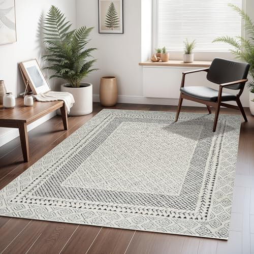Livabliss Monaco Geometric Rug - Scandi Area Rugs Living Room 140x200 cm, Dining, Kitchen - Neutral, Abstract Patterned Rugs, Boho Style, Easy Care Pile - Large Rug, Grey, Black and Cream