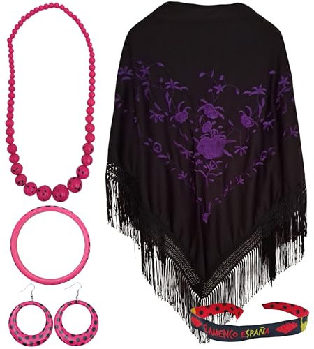 Pack d'accessoires flamants roses : châle de Manille brodé avec fleurs, collier, bracelet, boucles d'oreilles et bracelet brodé, pour fêtes populaires et événements (noir violet)