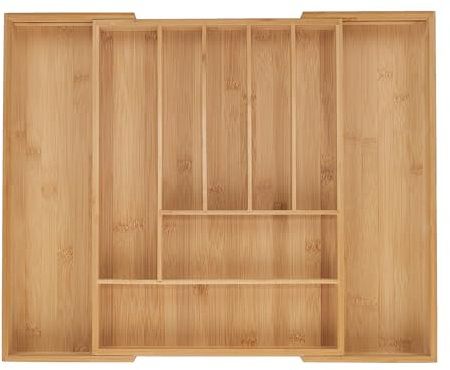 Relaxdays Besteckkasten, 7–9 Fächer, ausziehbarer Besteck Schubladeneinsatz, HxBxT: 5 x 32,5-53,5 x 43 cm, Bambus, Natur