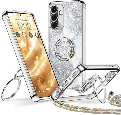 XYZ für Samsung Galaxy A56 5G Hülle mit Band, Herzen Doppelring Ständer Luxus Glitzer HandyHülle Kameraschutz, Frauen Stoßfest Elektroplattiert Soft TPU SchutzHülle Clear Samsung A56 5G Case,Silber