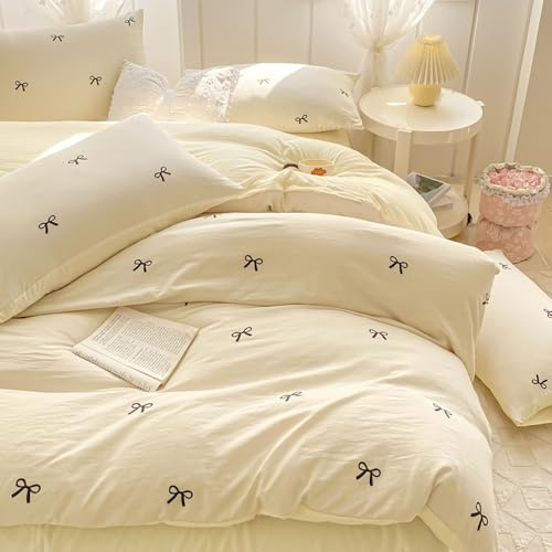 Covebett Weiß Gelb Schleife Bettbezug Einzelne Schleifen Schleifendruck Kawaii Bettwäsche Set Mädchen Niedliche Schwarze Schleife Wendbar Mikrofaser Bettdeckenbezug 135 x 200 cm mit Reißverschluss und