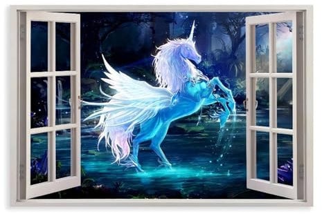 KBGDFSDF Fantasy-Poster mit magischem Einhorn, 3D-Fensteransicht-Poster, Leinwand-Poster, Schlafzimmer, Dekoration, Landschaftsdekoration, Geschenk, 20 x 30 cm