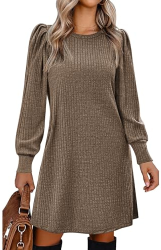 Zeagoo Damen Kleider Puff Rundhals Strickkleid Langarm Herbstkleid Braun L