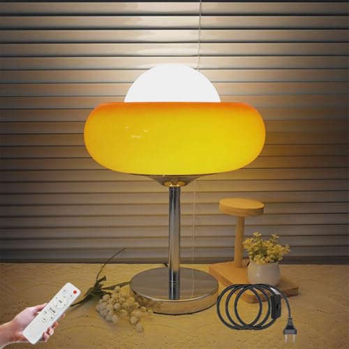 LOGT Egg Tart Tischlampe mit Kabel Stecker Schalter Pilz Lampe Fernbedienungs Dimmer Orange Pilz Tischleuchte Innen Orange Mushroom Nachttischlampe Modern Glas Schreibtischlampe Kinderzimmer