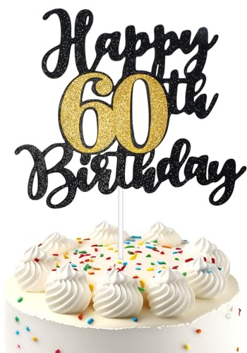 1 Pcs Happy 60th Birthday Cake Topper, Black Gold Glitter 60th Cake Topper | 60th Birthday Cake Decorations for Men Women, Cheers to 60 Years Party Cake Pick Decoration for 60 Anniversary Party Supplies