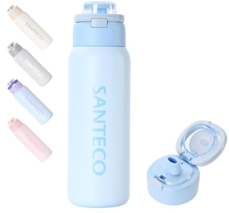 SANTECO Trinkflasche 750ml Edelstahl Thermosflasche Strohhalm Auslaufsicher | Isolierte Trinkflasche Edelstahl, 2-in-1 Trinkdesign mit Strohhalm, auslaufsicher, BPA-frei, 24h kalt/12h heiß