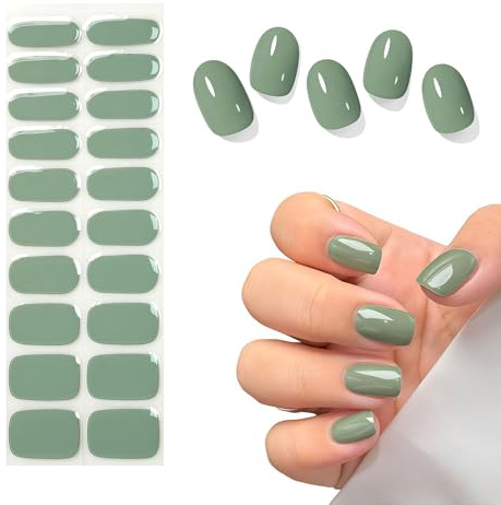 VelvetGlow Semi Cured Gel Nail Strips (Moss Green), 20 Pcs Gel Nail Wraps, Stickers, Salon Quality, Long Lasting, Works with Any Lamps