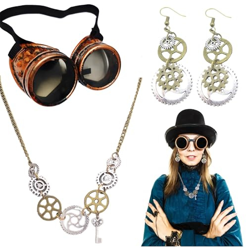 DHDHCPZZ 3 Stück Set Steampunk Brille, Steampunk Accessoires, Steam Punk Kleidung Damen, Einzigartiges Design Für Halloween, Karneval Und Ostern