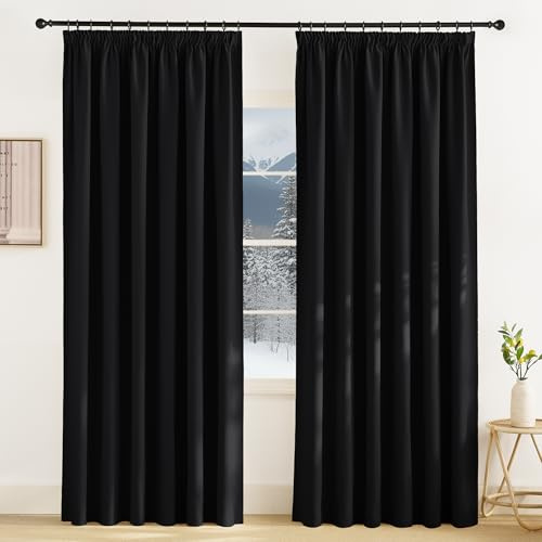 KGORGE Raumteiler Vorhang gegen Kälte für Schienensystem Gardine Blickdicht | Schwarz, 1er Set, H220 x B200 cm, Thermovorhang Kälteschutz Kräuselband, Verdunkelung, Sonnenschutz, für Wohnzimmer
