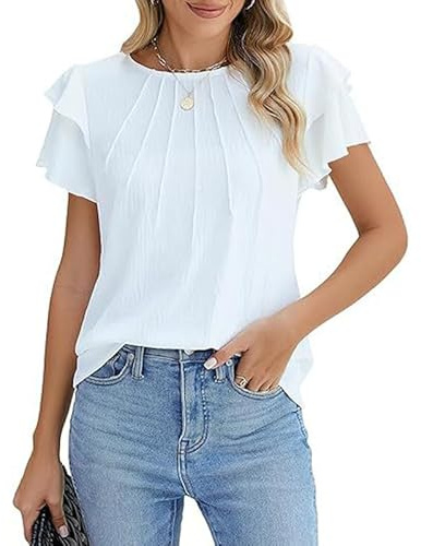 Short Sleeve Tops for Women Crew Neck Pleated Summer T Shirts Chiffon Shirred Top Business Casual Loose Tee Blouse Elegant Ladies Going Out Tunic Top Office Work Solid Color Blouses S-XXL