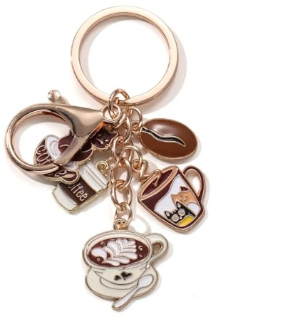 VEOWOO Coffee Keyring – Beverage Keychain Bag Charms for Women with Latte Art Cup and Cat Mug, Drink Key Ring Gifts for Coffee Lovers,Girls, Family, Friends