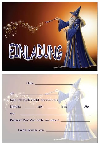 Generisch 8 Einladungskarten Kinder Geburtstag Einladungen: Zauberer, Hexer Märchen zaubern Magie Zauberstab