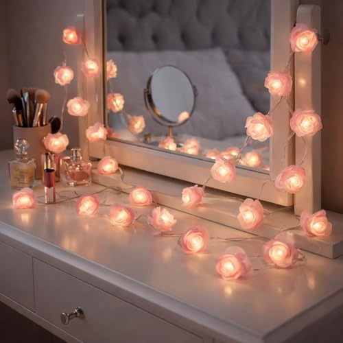 Neo Pink Rose 20 LED String Lights Battery Operated Fairy Lights Romantic Flower Lights for Bedroom, Wedding, Valentine’s Day, Party, Indoor Outdoor Décor