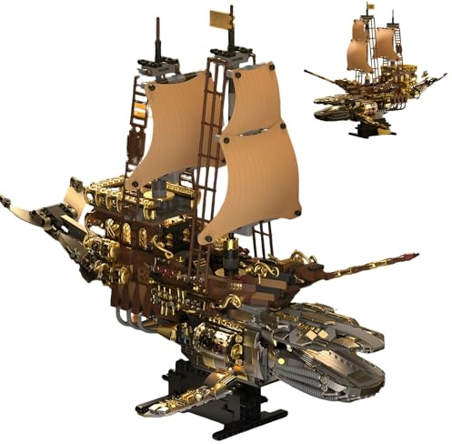 Steampunk Luftschiff Bausteine Bausatz – 1979Stk Walförmiges Fantasie Flugschiff mit Segeln Spielzeug, Retro Piratenschiff Klemmbausteine, Mechanische Geschenke Erwachsene & Hobbyisten Heim Büro Deko