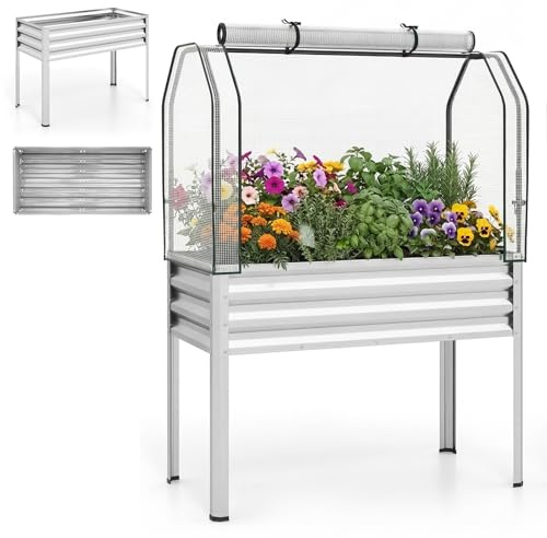 HOMASIS Jardiniere sur Pieds 142 L avec Bâche PE de Serre(Argent) | Potager Surélevé en Métal avec Porte Enroulable, pour Légumes Fleurs Herbes, Jardin, Balcon, 112x55x152cm, Métal galvanisé