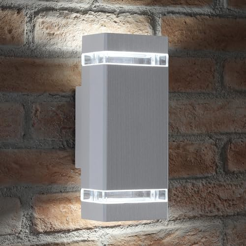 Auraglow Double Up and Down Wall Light Silver, Cool White, Indoor Outdoor | IP44 weatherproof aluminium sconce, glass diffusers, beams from both ends, 2 bulbs included, for porch and garage