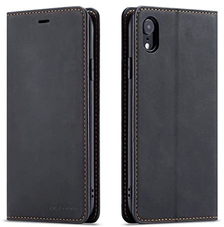 QLTYPRI Case for iPhone XR, Premium PU Leather Cover TPU Bumper with Card Holder Kickstand Hidden Magnetic Adsorption Flip Wallet Case Cover for iPhone XR - Black