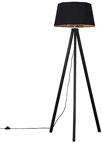 MiniSun Modern Black Wood Tripod Design Floor Lamp with a Matt Black/Copper Geometric Shade