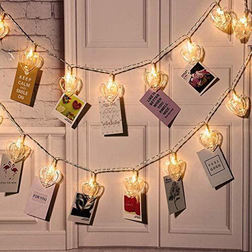 Gimartuk 20 LED Warm White Photo Clip String Lights Heart Battery Powered 20 Clips Hanging Photo Display Peg Fairy Xmas Light for Bedroom Wedding Party Indoor Outdoor Decoration (Heart)