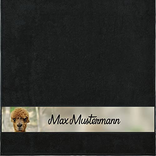 Manutextur Duschtuch mit Namen - personalisiert - Motiv Alpaka - viele Farben & Tiermotiven - Dusch-Handtuch - schwarz - Größe 70x140 cm - persönliches Geschenk mit Wunsch-Motiv und Wunsch-Name