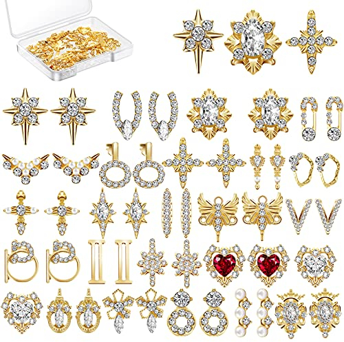 Maitys 48 Pcs Gold Nail Charms Heart Rhinestones Nail Gems Shiny Diamonds 3D Dangle Jewels Metal Crystals Luxury Decoration with Storage Box for Women DIY Hand Beauty Craft Jewelry Making, 24 Styles