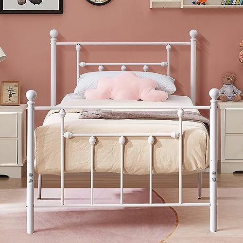 VECELO 3ft Single Bed Frame, Metal Platform with Victorian Style Headboard, Heavy Duty Steel Slat Support, No Box Spring Needed Mattress Foundation, Underbed Storage Space, Easy Assemble